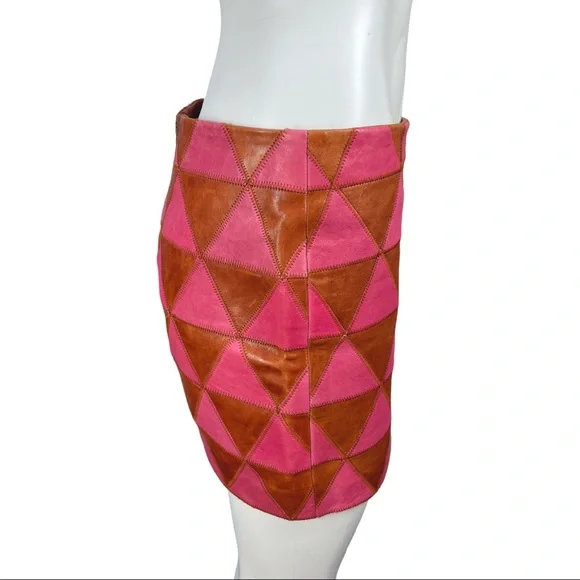 Kelly Wearstler Iraz Leather Mini Skirt- Magenta & Cognac Sz 8 - Picture 4 of 11